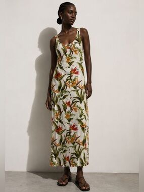 2Dye4 Tropical Floral Maxi Dress – White with Orange & Green Print – Women’s - M